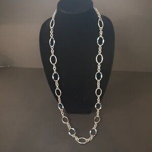 Lia Sophia Silver Tone Metal Oval Link Necklace with Navy Blue & White Enamal